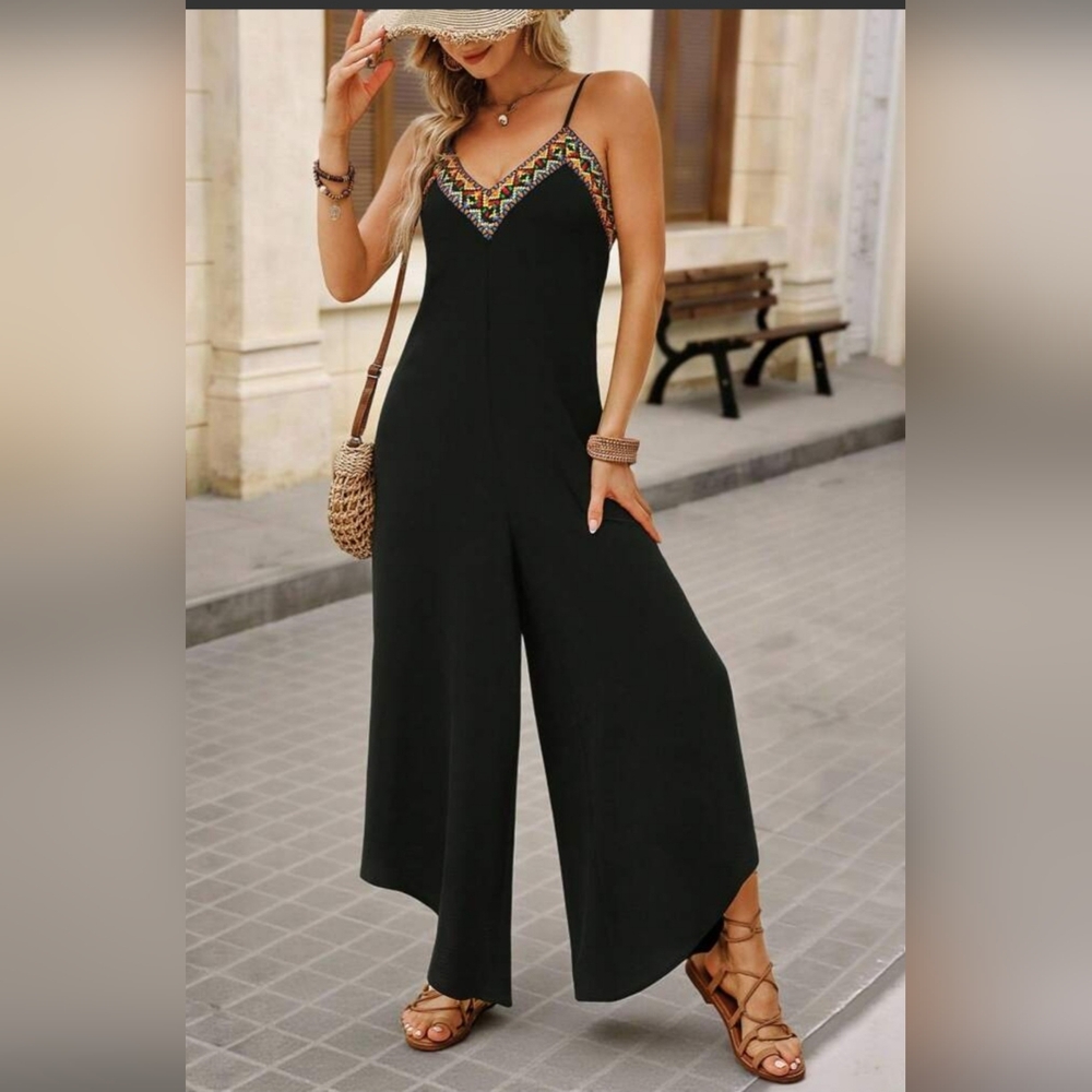 SHEIN Black Embroidered V-Neck Wide‑Leg Jumpsuit